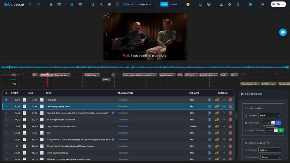 Subvideo.ai studio showing hardcoded subtitles export with timeline and styling