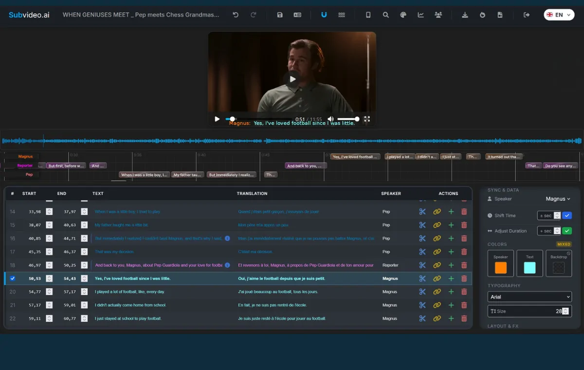 Online subtitle editor with video preview and timeline in Subvideo.ai
