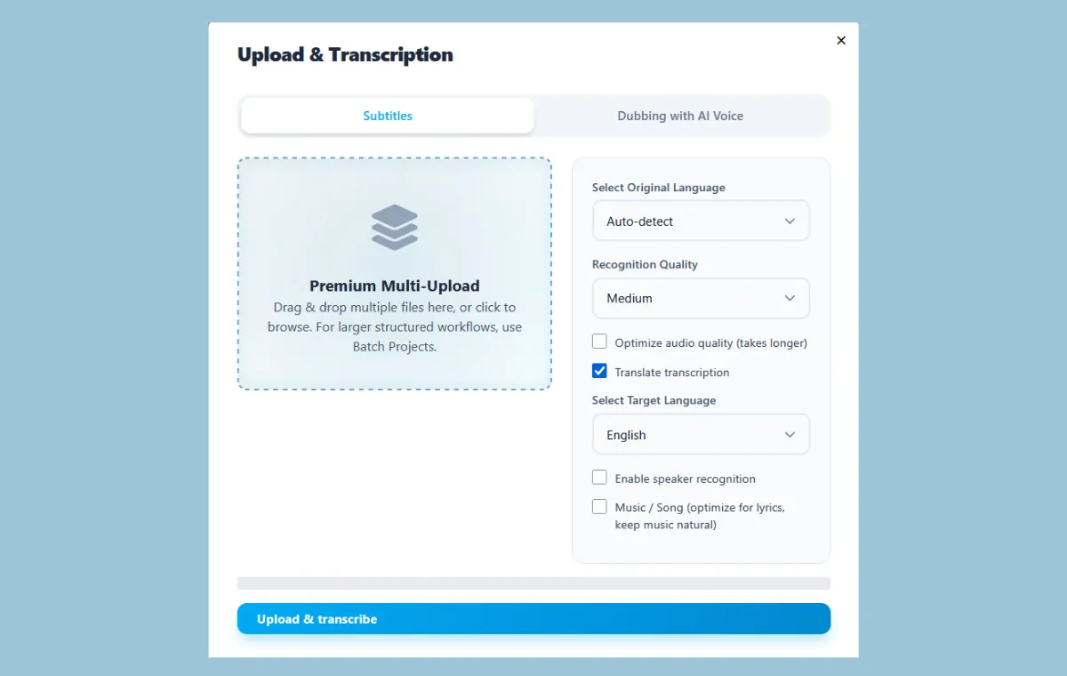 Upload screen for generating subtitles automatically with Subvideo.ai